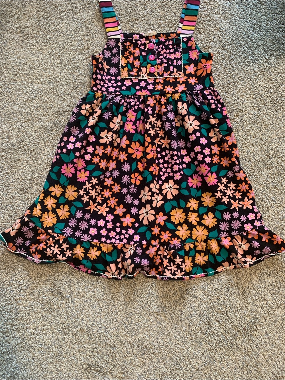 Girls Black Floral Sundress with Striped Straps